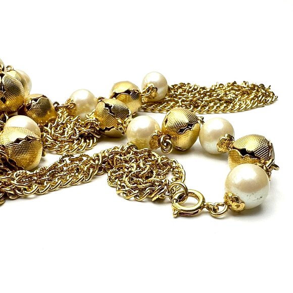 Vintage 1980s Goldtone Station Necklace—50" Pearl & Textured Gold Beads — EUC - Picture 5 of 8